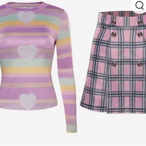 Enid cosplay from Wednesday Colorful Striped Heart Top and Pink Plaid Skirt Set